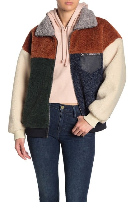 BLANKNYC Denim + Colorblock Faux Shearling Faux Leather Trim Jacket