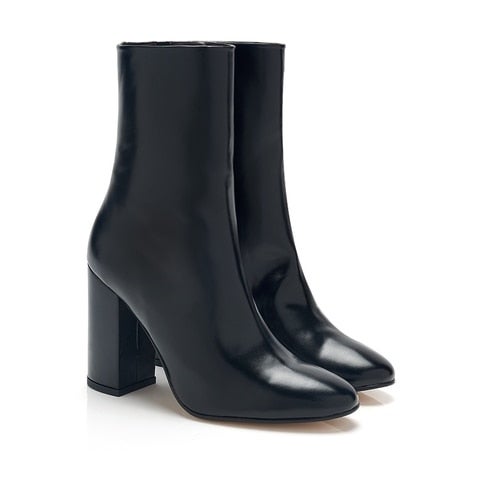 Beyond Skin + Blaise Black Leather Block Heel Vegan Boots