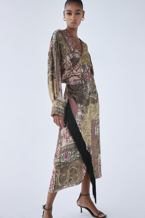 Zara + Printed Dress With Fringe