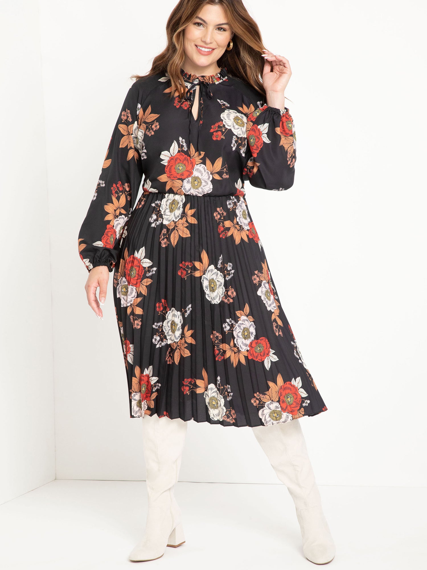 pleated tie neck dress