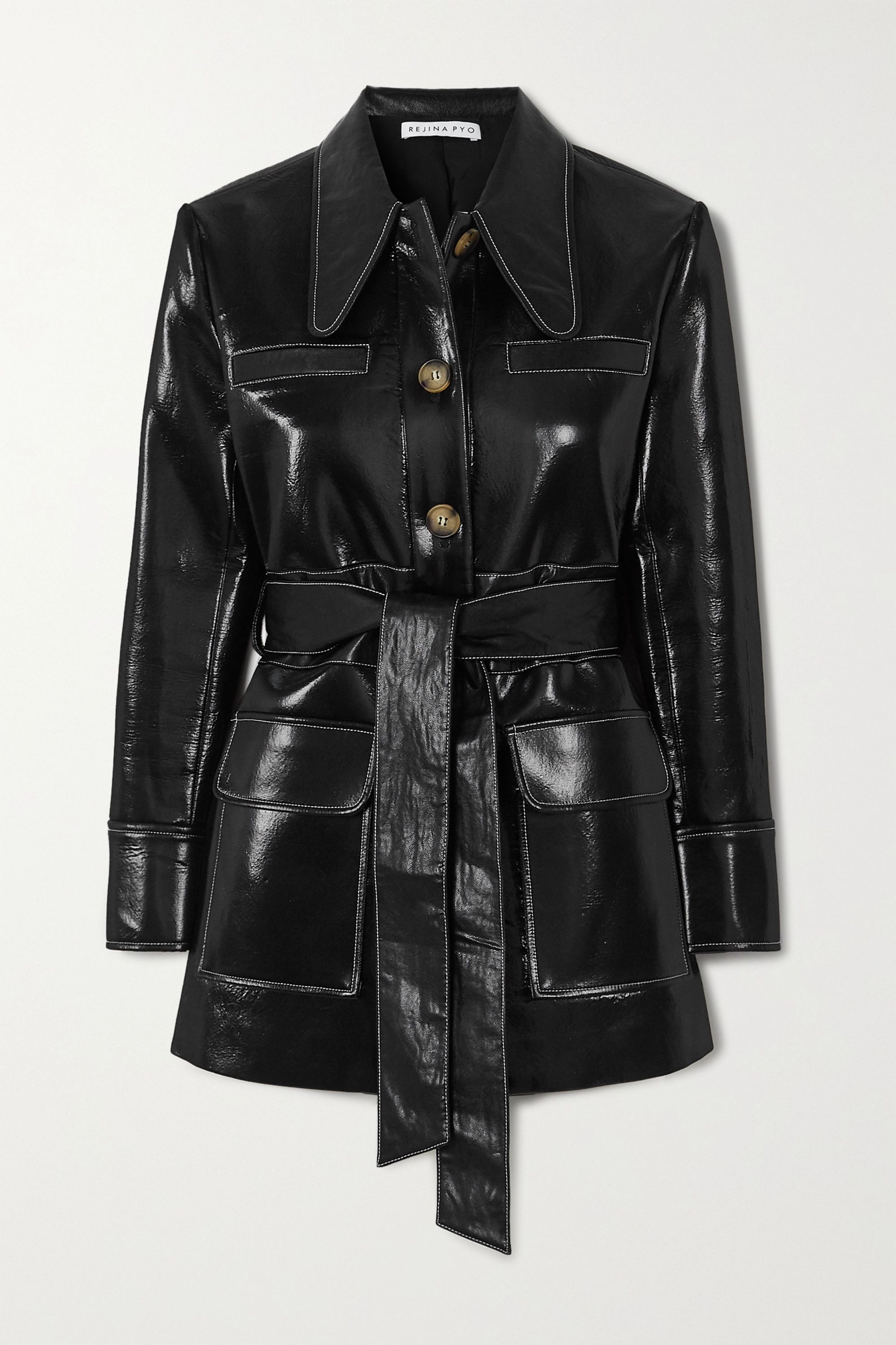 Rejina Pyo + Felix Belted Patent Faux-Leather Jacket