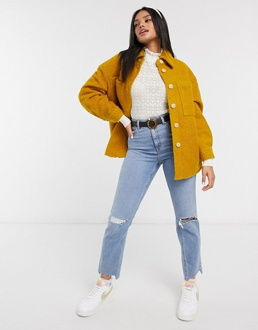 Pieces + Teddy Shacket With Pockets In Mustard