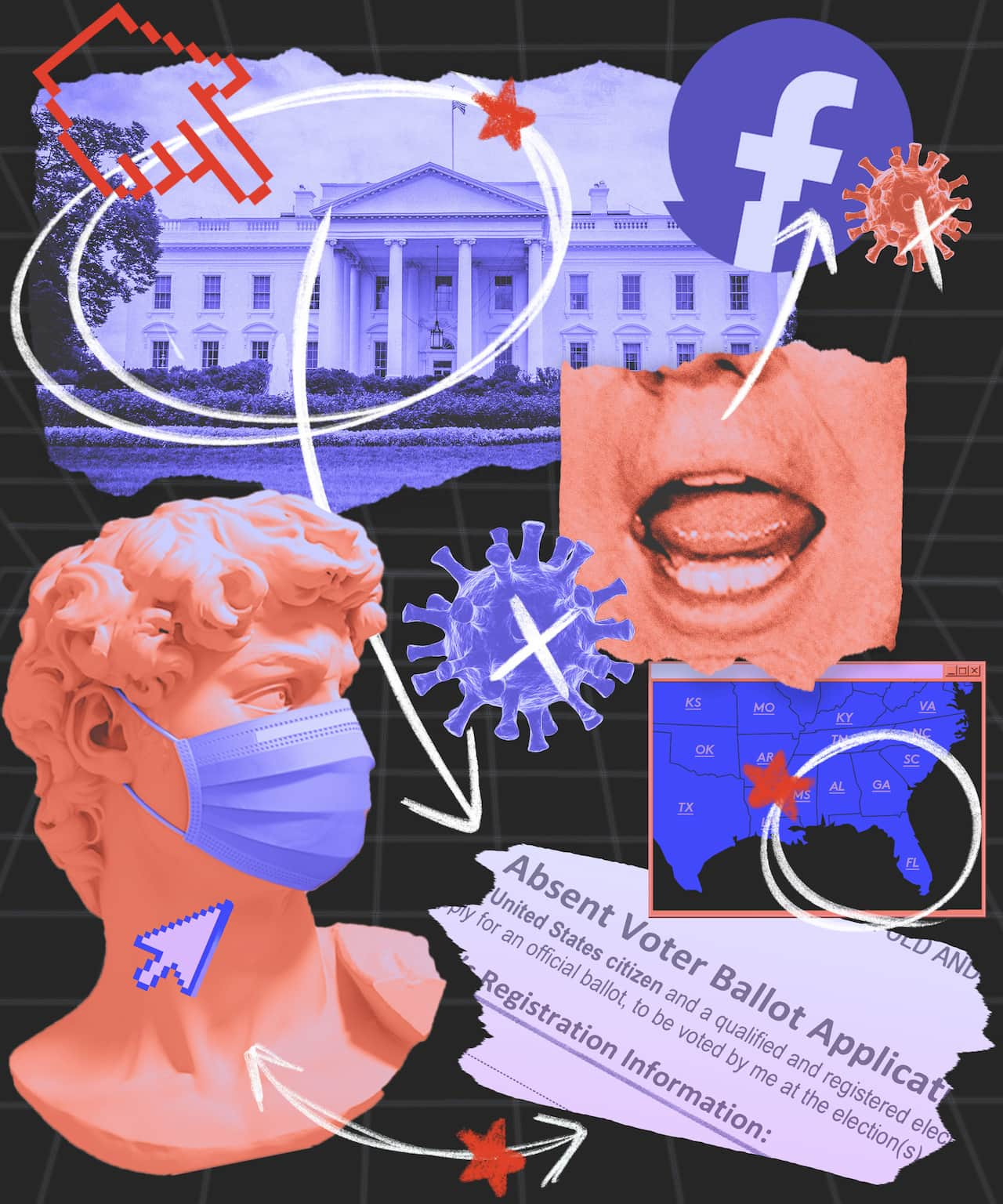 A collage of The White House, Trump's mouth, Facebook Logo, the Covid-19 virus, a map of the southern United States and part of an absentee ballot.