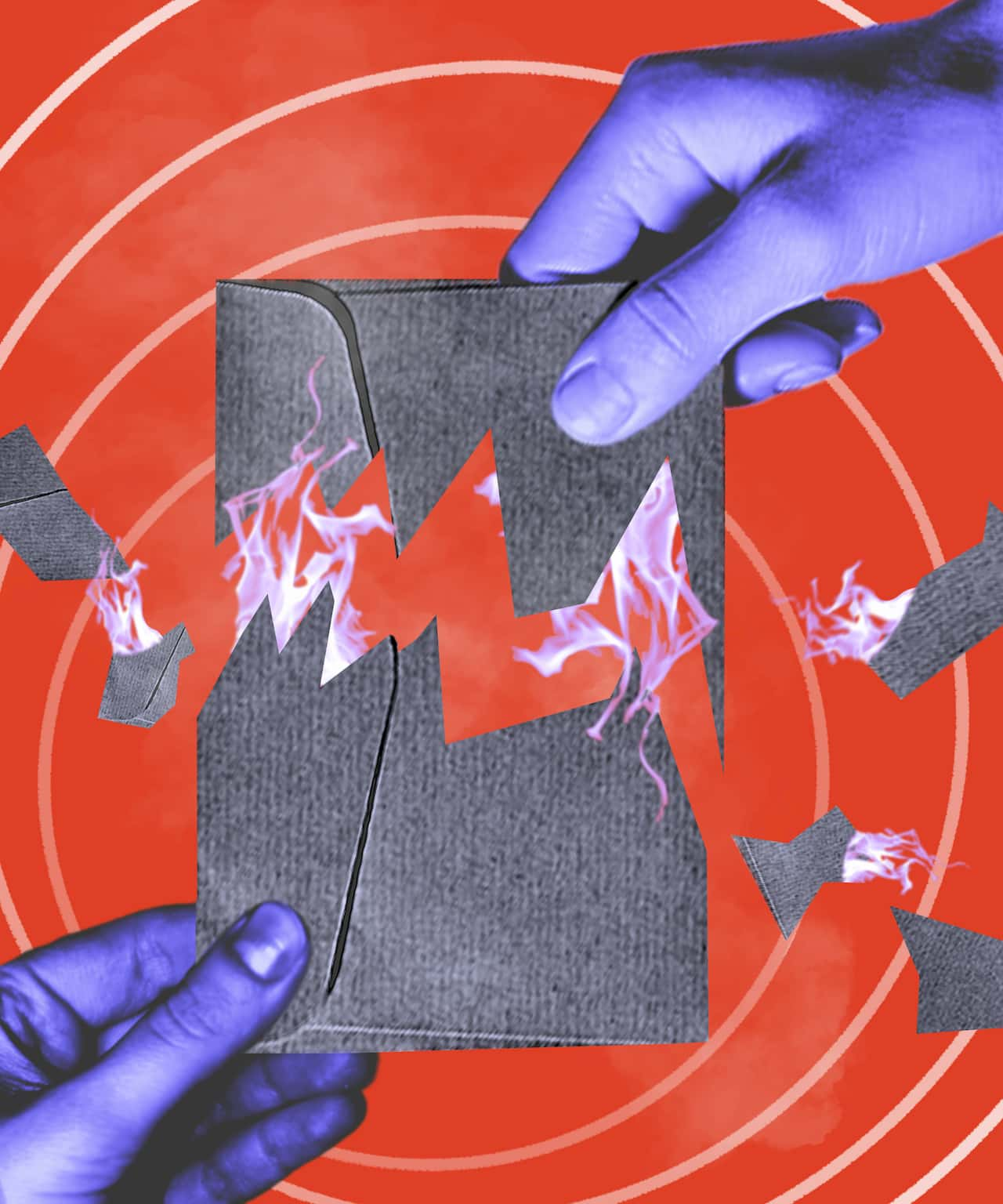 An illustration of two hands pulling a burning envelope apart.