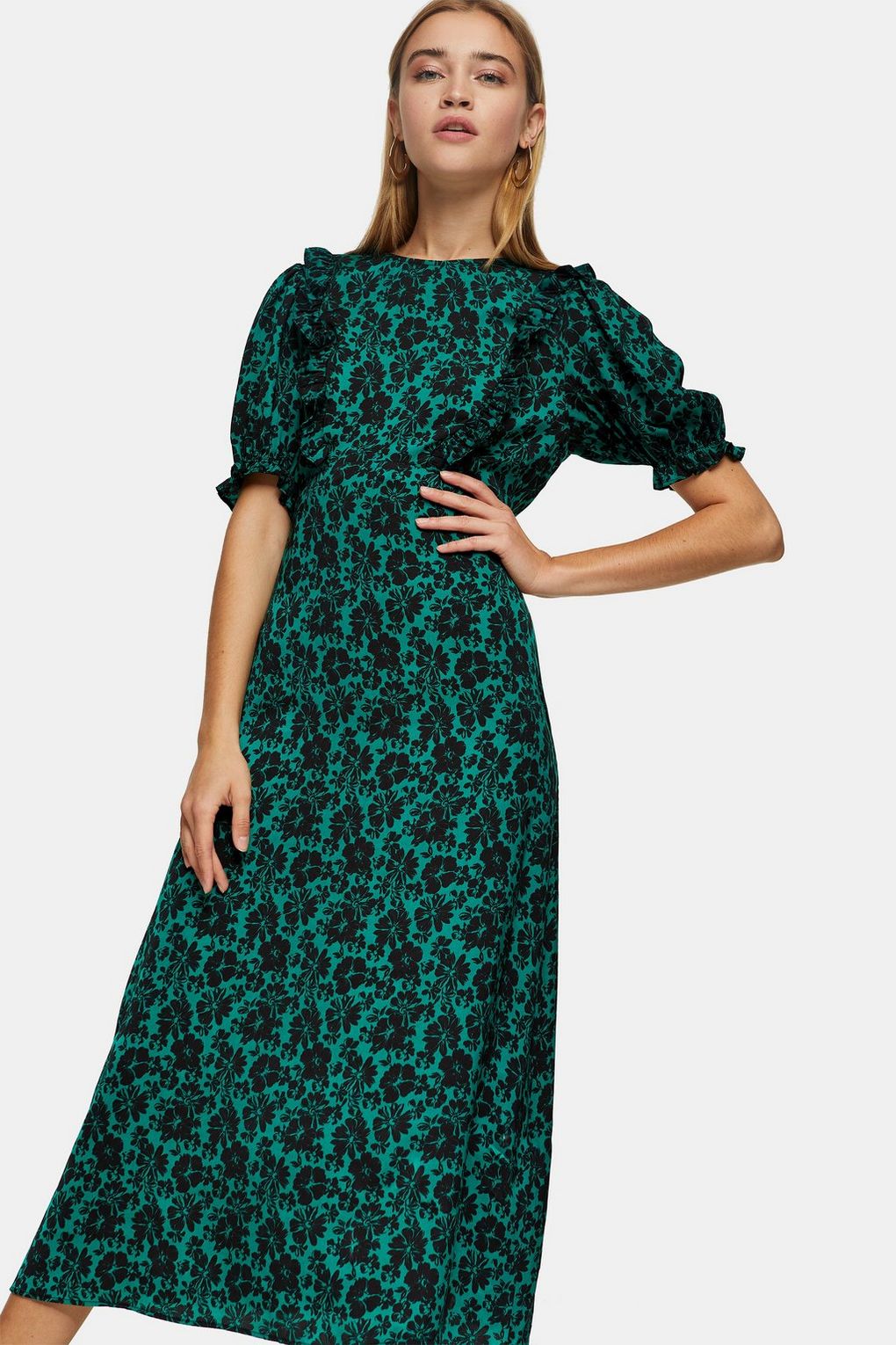 Topshop Green Daisy Midi Ruffle Tea Dress