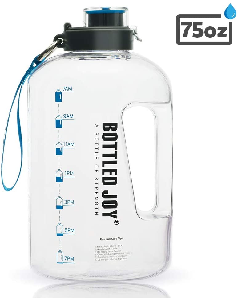BOTTLED JOY + Half Gallon Water Bottle with Straw Lid, BPA Free 75oz.