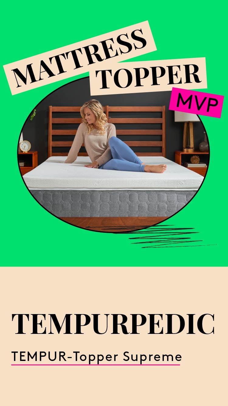 Mattress Topper MVP Awards. TEMPURPEDIC - TEMPER-Topper Supreme. A photo of a woman sitting on a mattress.