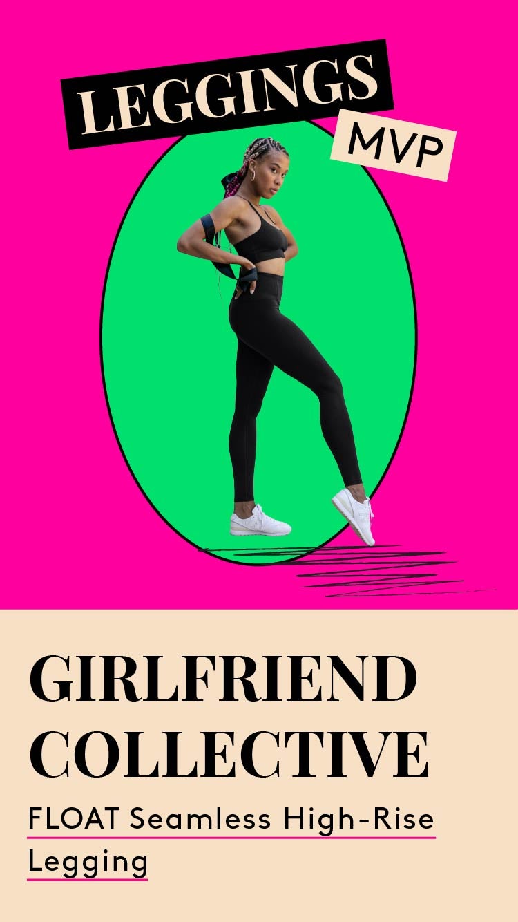 Leggings MPV. A photo of woman wearing leggings. Girlfriend Collective. Float Seamless High-Rise Legging.