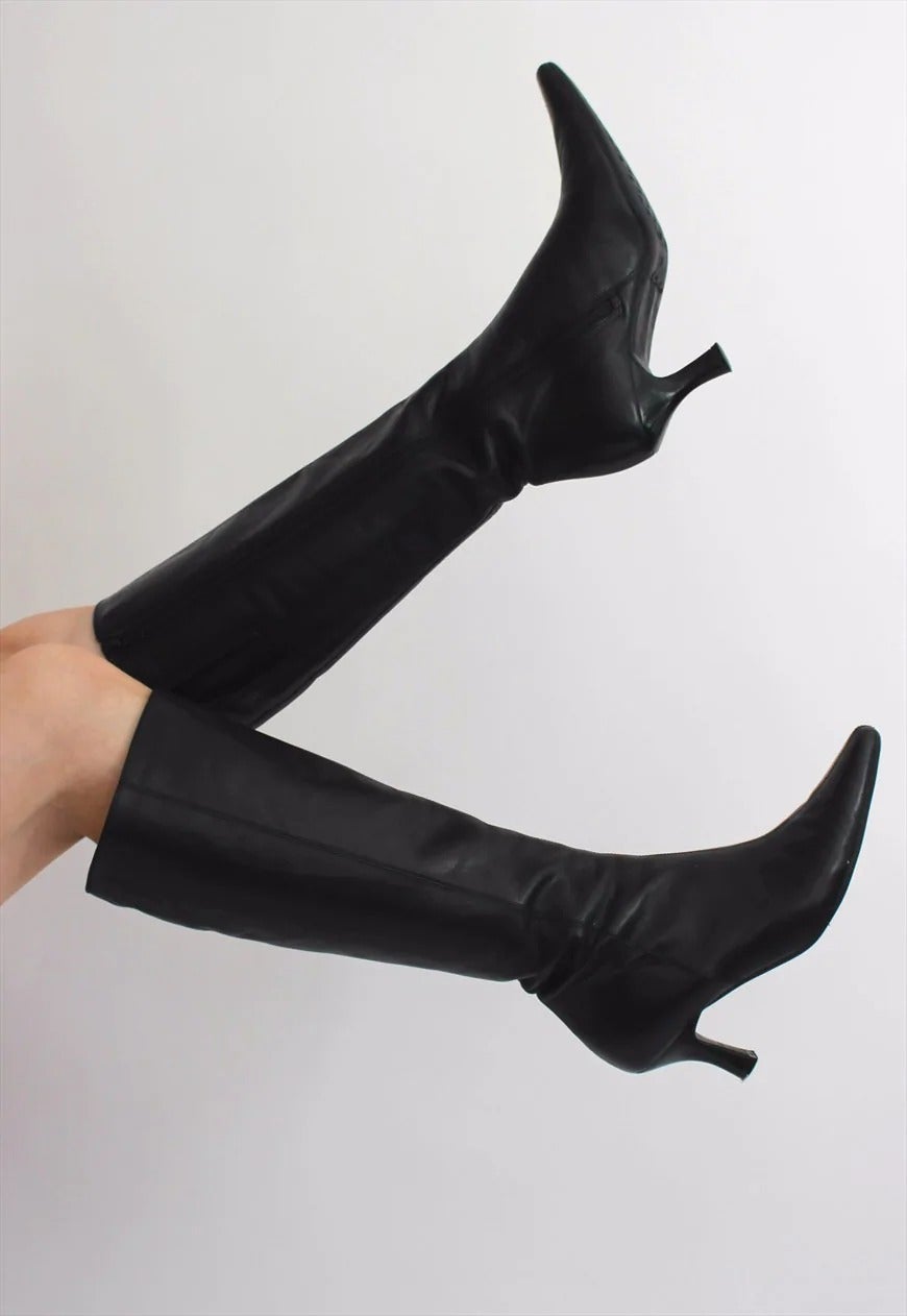 Clarks + Black Knee High Stiletto Leather Boots