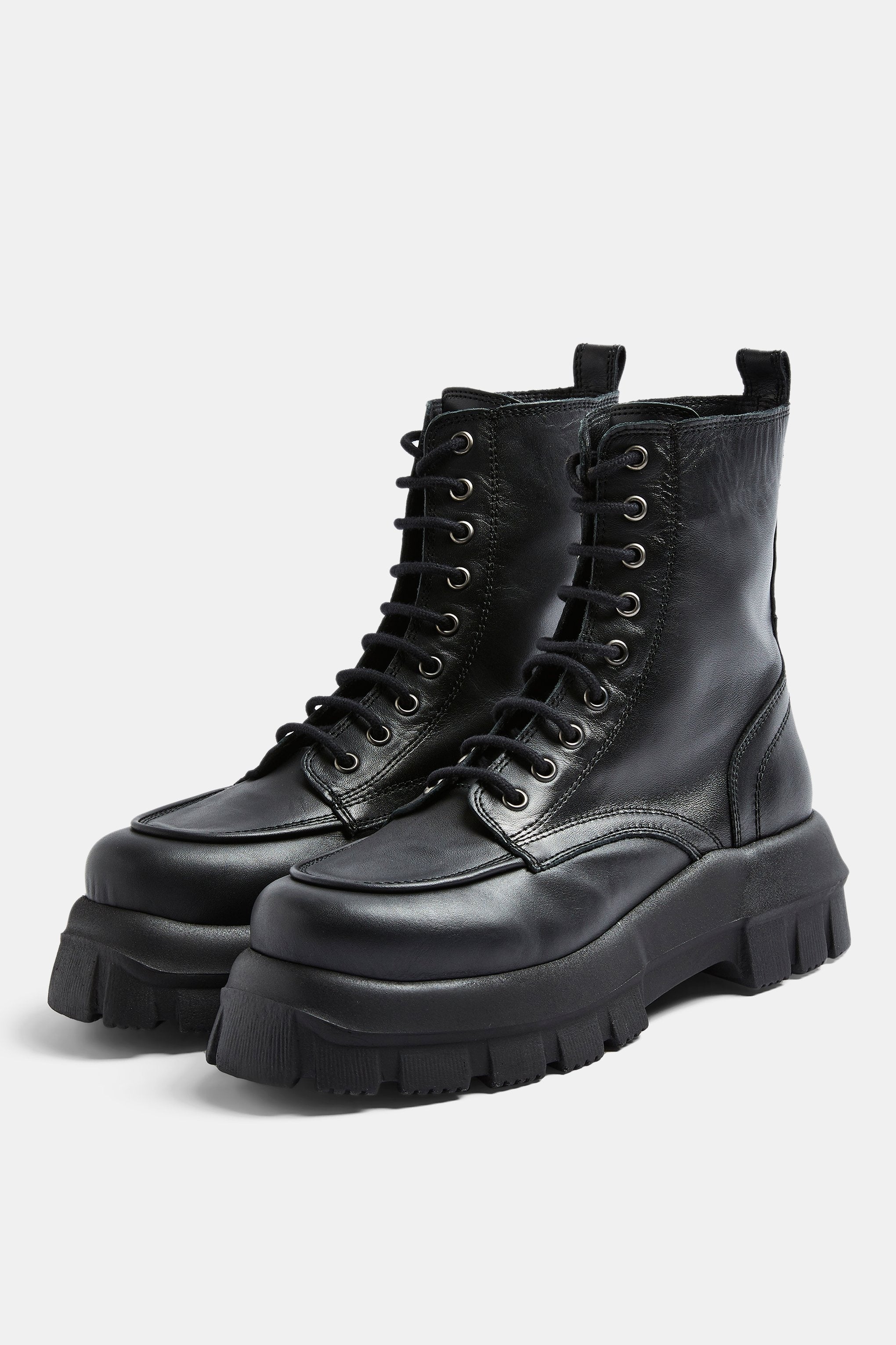 Topshop + AVA Black Leather Chunky Lace Up Boots