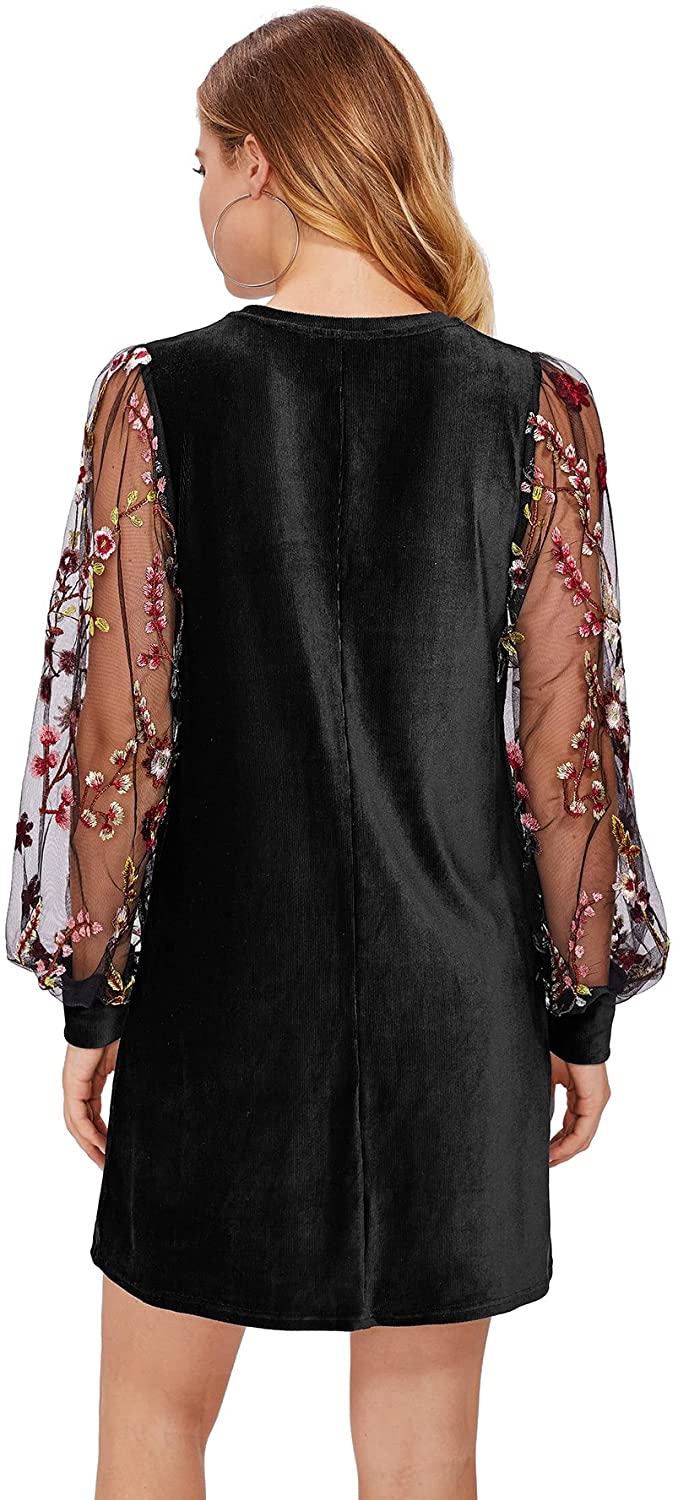 DIDK Womens Tunic Dress with Embroidered Floral Mesh Bishop Sleeve