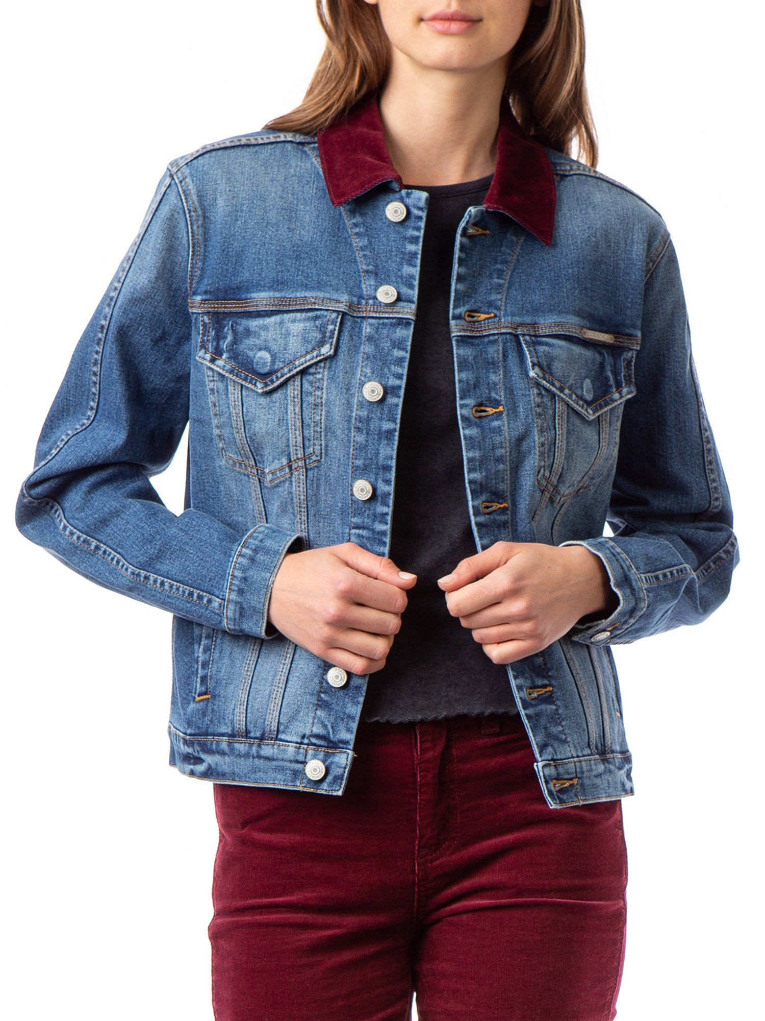 Jordache Vintage + Stevie Trucker Jacket with Contrast Collar