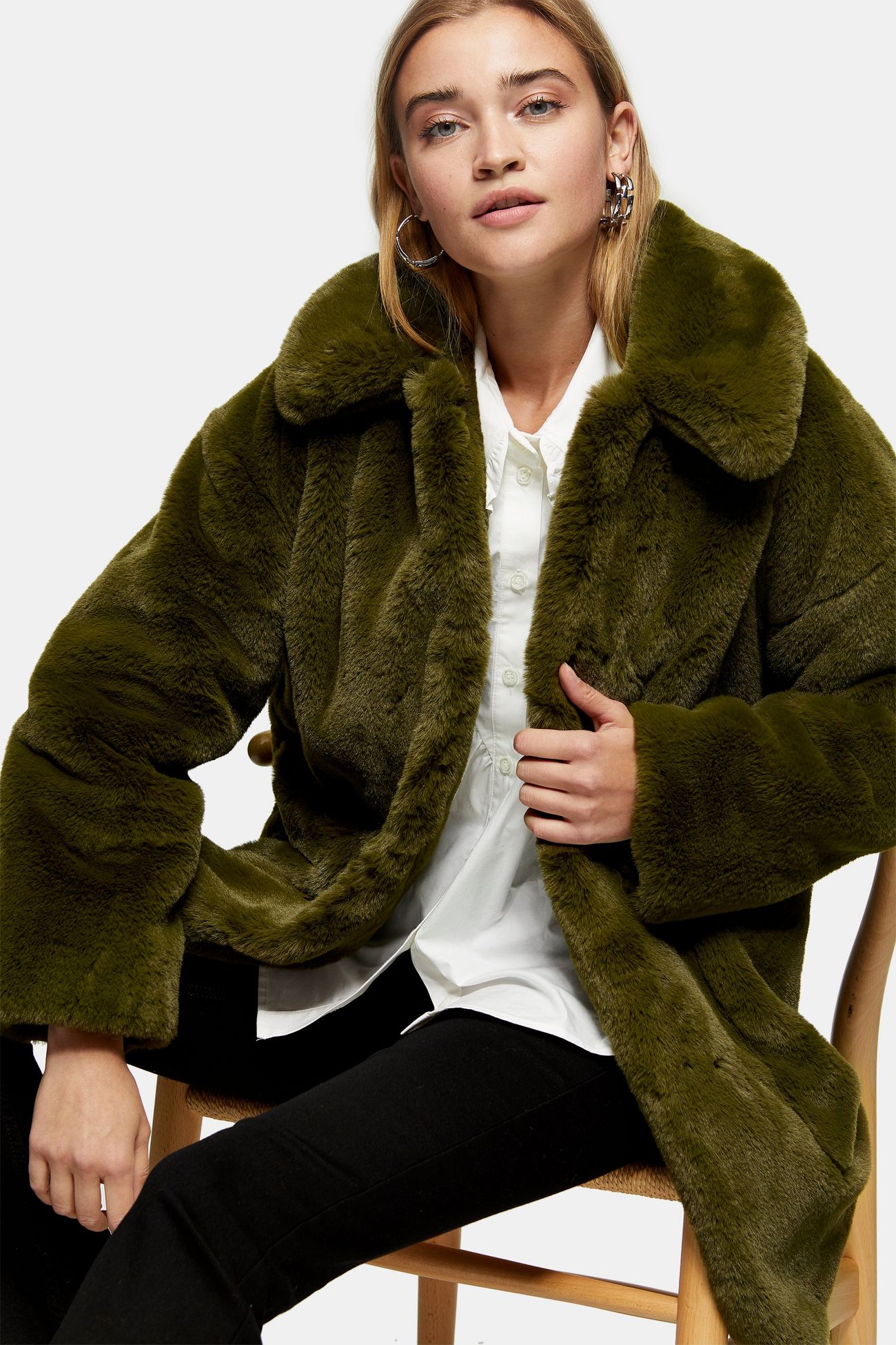 Topshop + Khaki Velvet Faux Fur Jacket