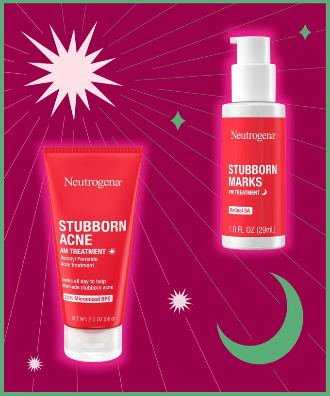 A photo illustration of a Neutrogena Stubborn Acne and Stubborn Marks products.