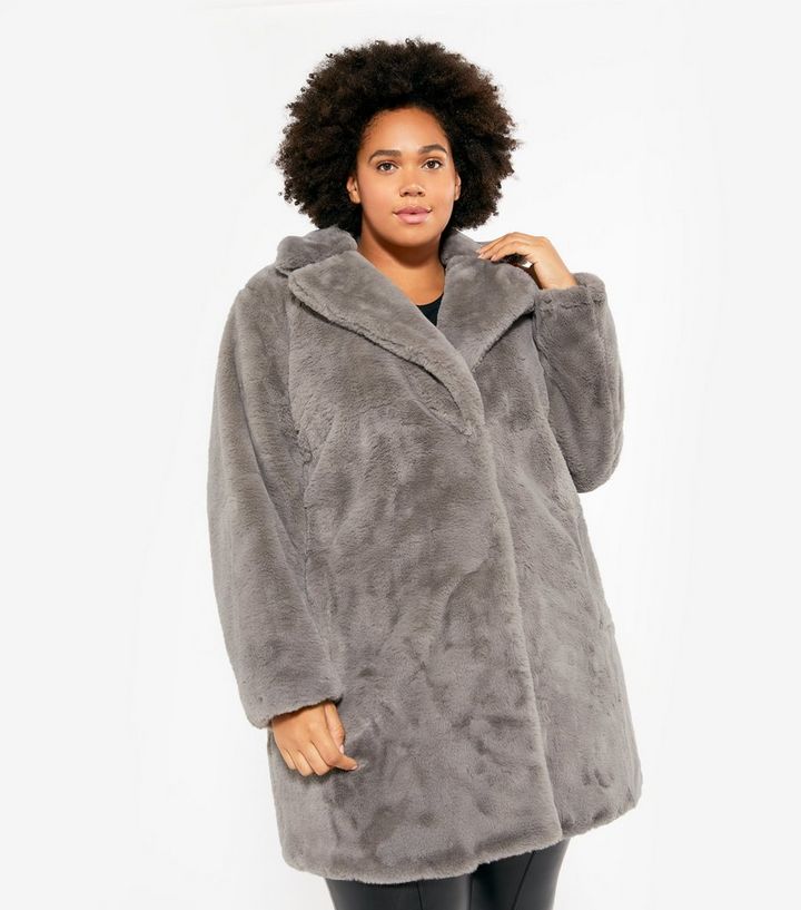 New Look + Curves Dark Grey Faux Fur Long Coat