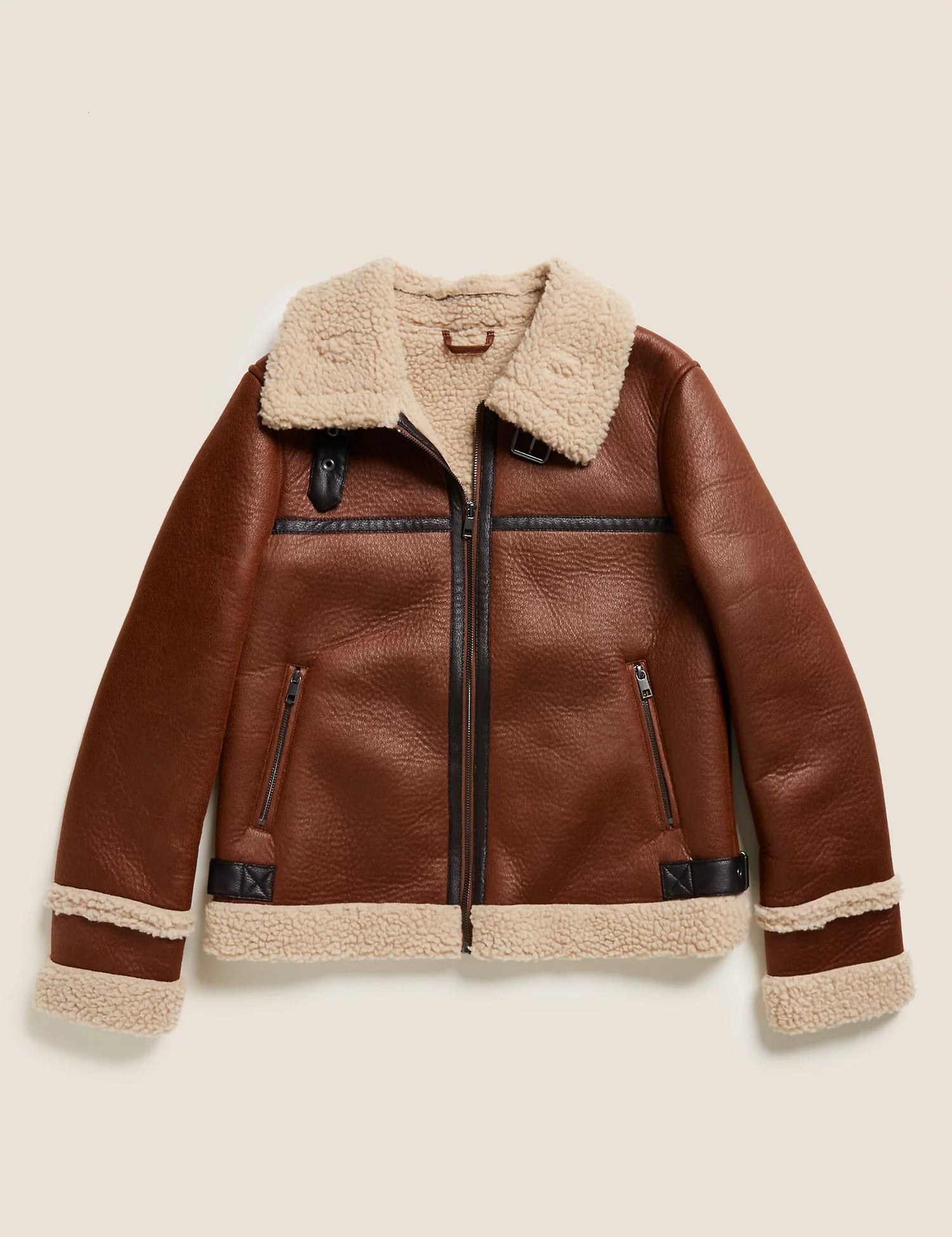 M S Collection Faux Shearling Borg Lined Aviator Jacket