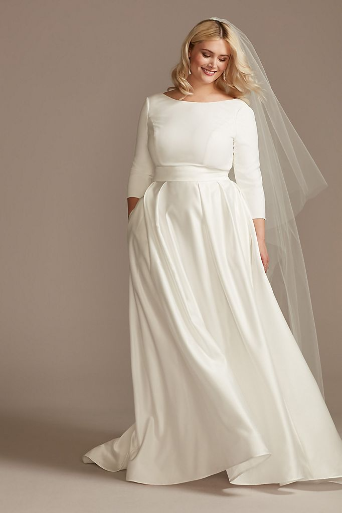 David&#8217;s + 3/4 Sleeve Low Satin Size Wedding Dress