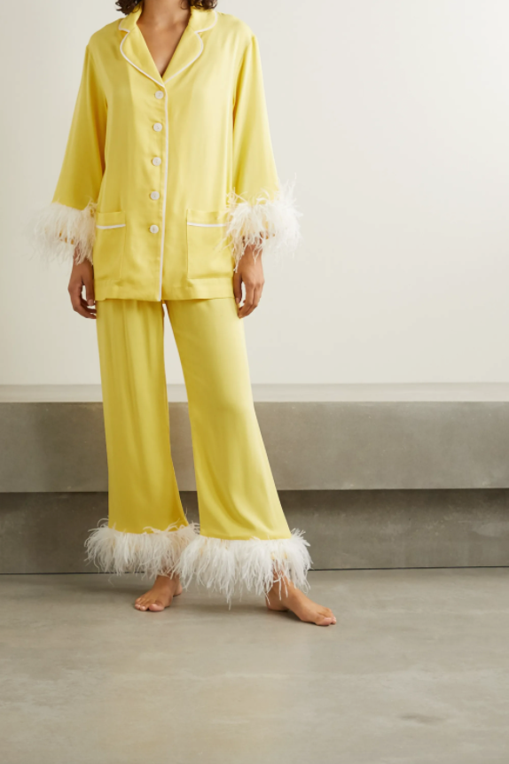 Sleeper + Party feather-trimmed crepe de chine pajama set