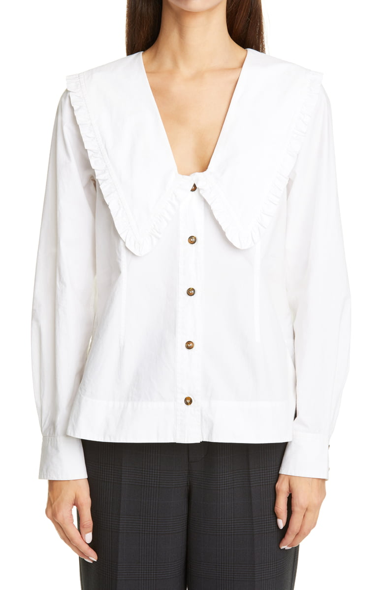 Ganni + Ruffle Collar Cotton Poplin Shirt