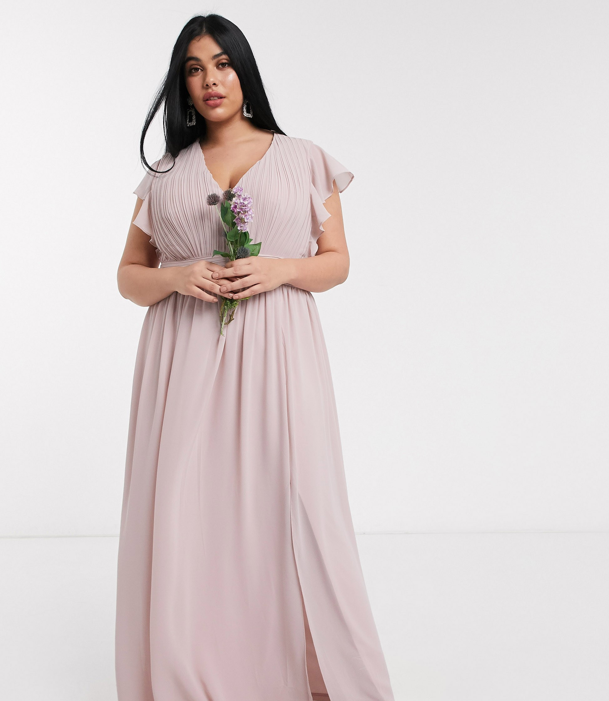 Little Mistress Plus Bridesmaid Satin Maxi Dress With Flutter Sleeves ...