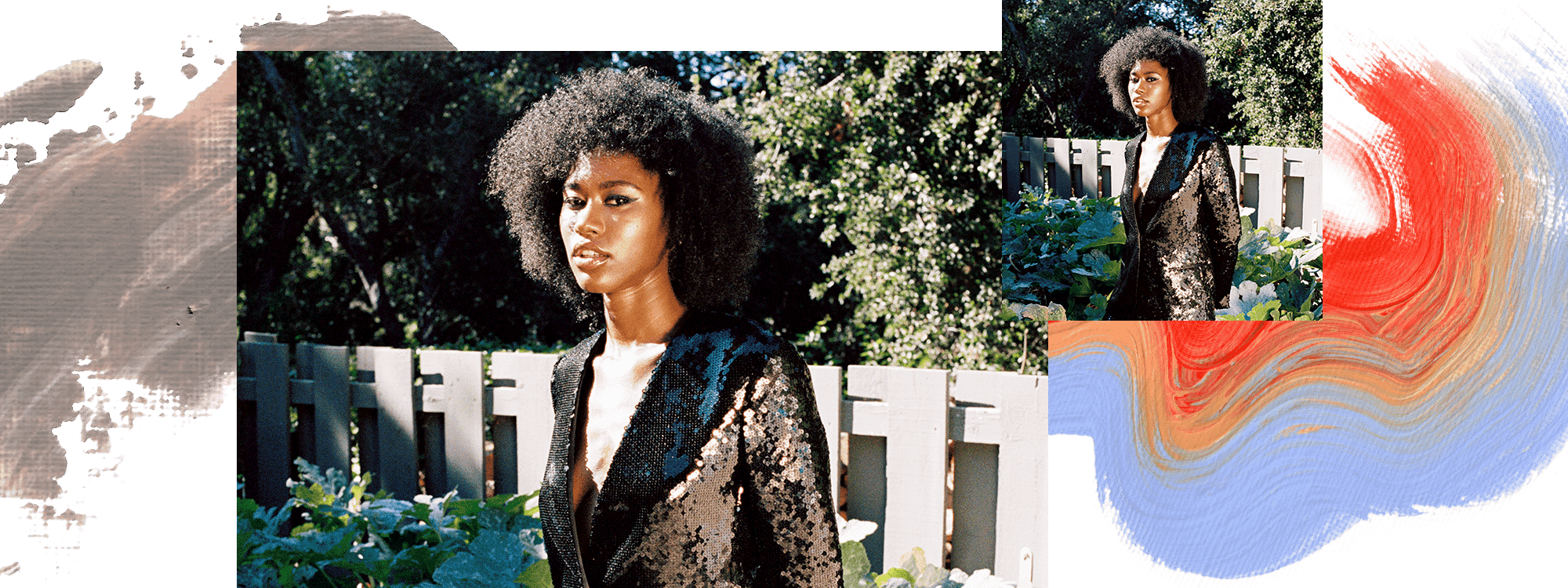 Amaya January model standing in a garden. She is wearing a black sequin blazer and has brown curly hair and a black cat eye makeup look. A brown, orange, red, and blue paint swatch is illustrated beneath the image.