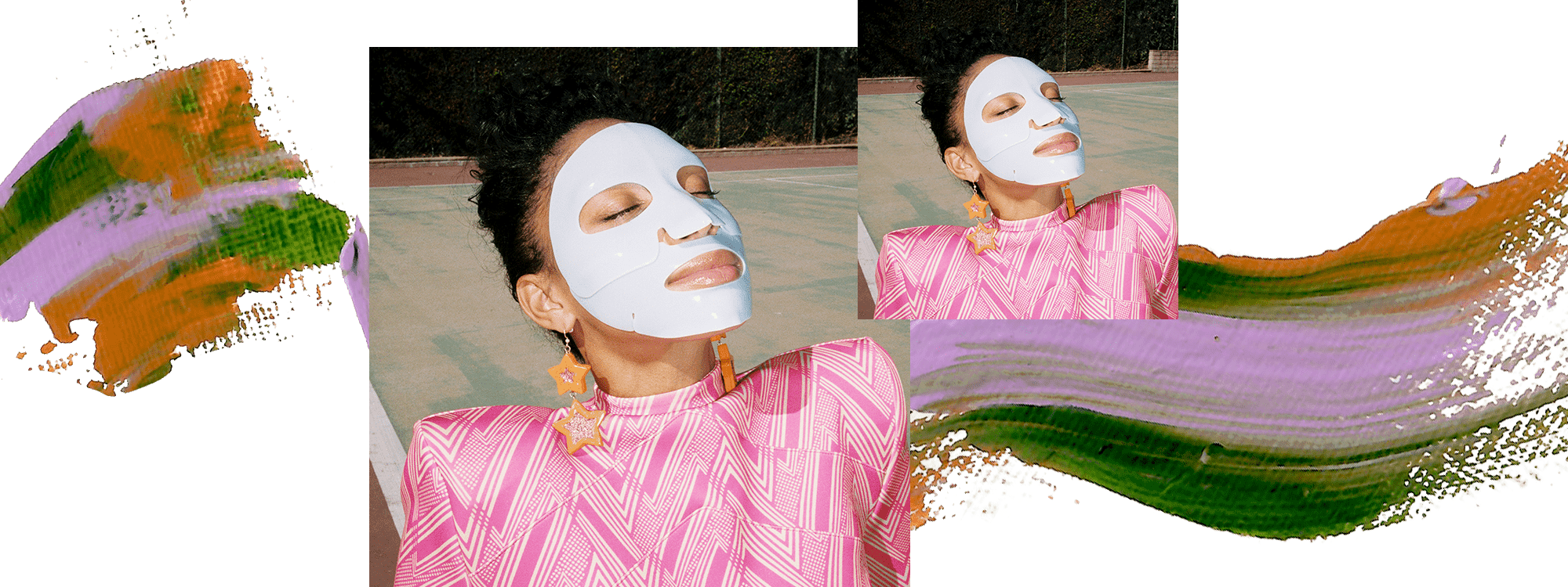 Model Lyric Mariah is wearing a sheet mask and sitting on the ground with her face turned up to the sky. She is wearing a pink striped top and orange star earrings. There is a decorative paint swatch of pink, purple, and green across the image.