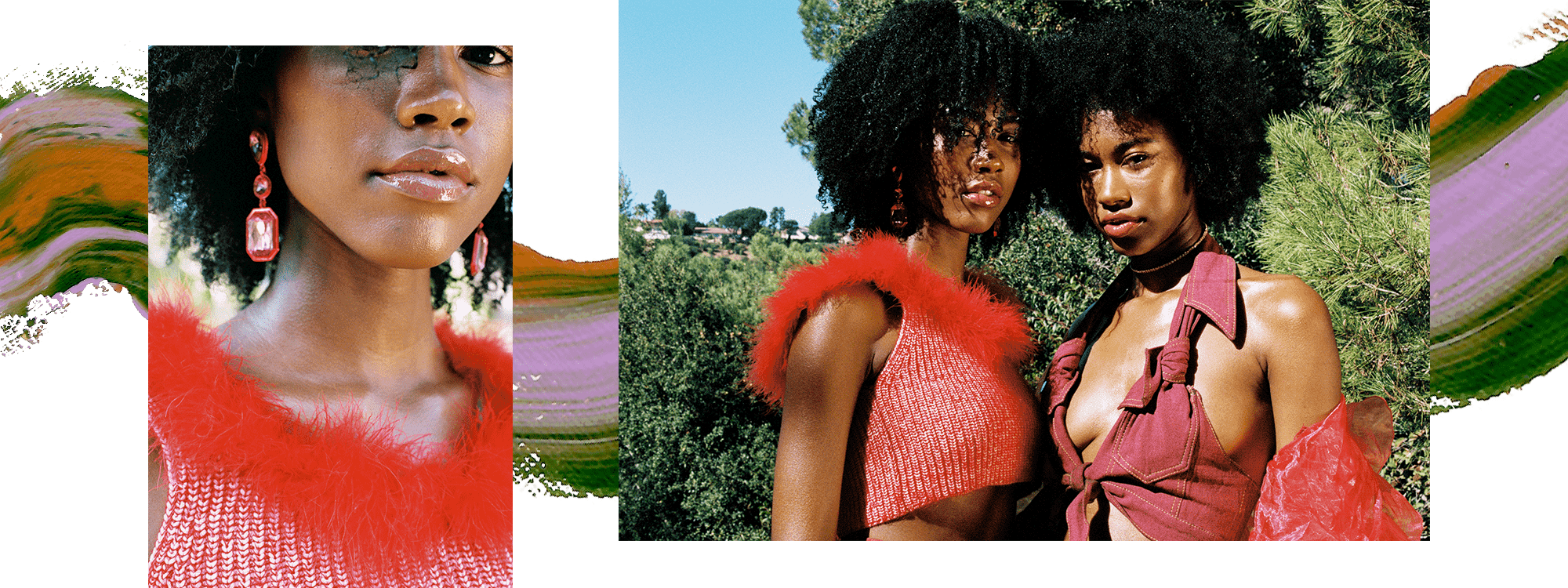 Model Alana January is wearing a pink crop top with a red feather trim. She has pink crystal earrings and her hair is loose and curly. In the second image, she appears with her sister Amaya January, who is wearing a rose-colored tied crop top and has brown curly hair. There is a swatch of purple and green paint behind them.