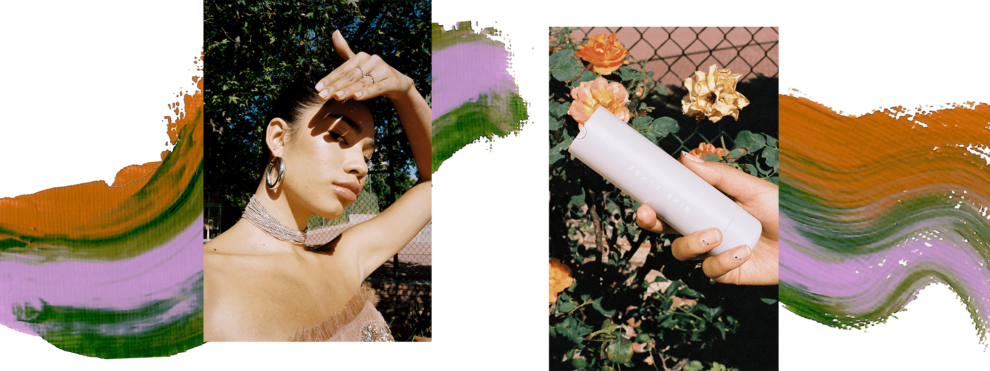 Model Ariel Toole wearing a beige tulle tube top and silver necklace. She is holding her hand over her face to shield the sun. In the second image, a model is holding a bottle of Fenty sunscreen over a flower bush. There is a pink, orange, and green paint swatch behind the images.