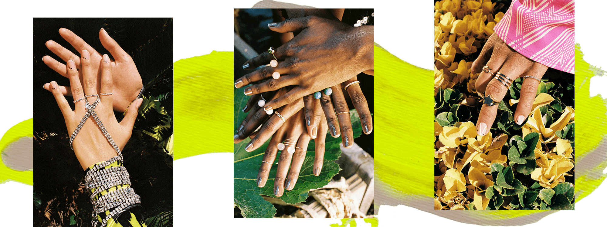 A composite of three photos featuring models’ hands. The first features a hand with a silver jeweled hand bracelet and minimal crystal nail art. The middle features four overlapping hands with delicate crystal nail art and pink and blue rings. The left features Lyric Mariah’s hand, which has a limb difference, with two fingernails painted in delicate polka-dot nail art and accessorized with gold rings.