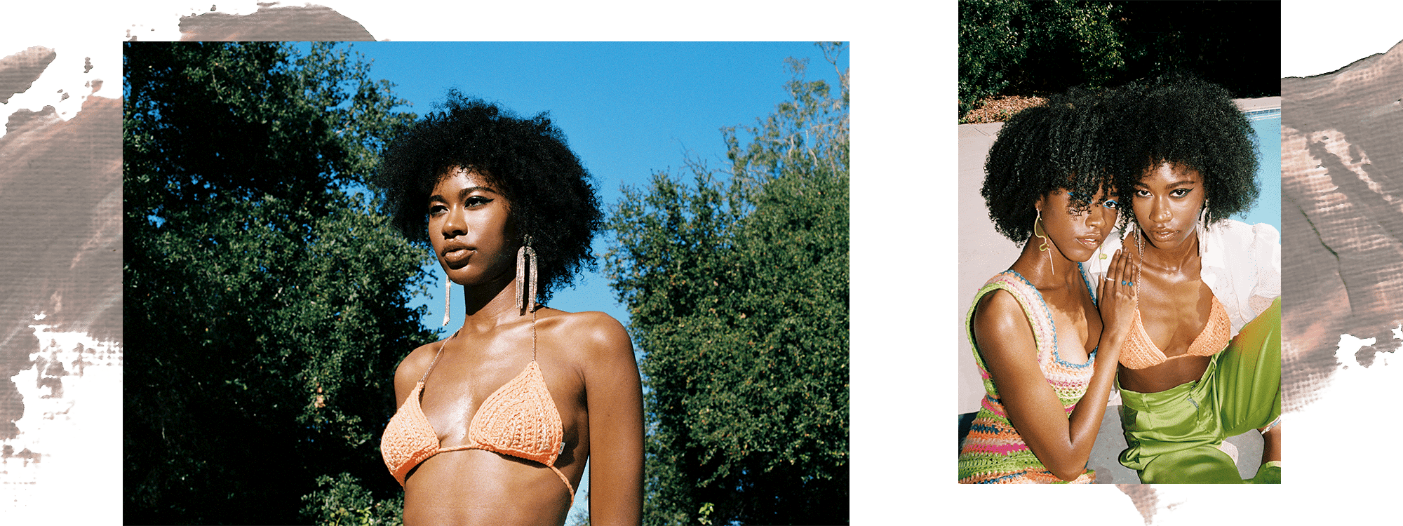 Model Amaya January stands outside in a peach crochet bikini top and silver earrings. She has brown curly hair and is standing in front of trees and a bright blue sky. In the second image she is seated next to her sister Alana January and wearing green silk pants and a white button-down shirt that is open to reveal the bikini top. Her sister is wearing a pink and green crochet dress. There is an illustration of brown and peach paint behind them.