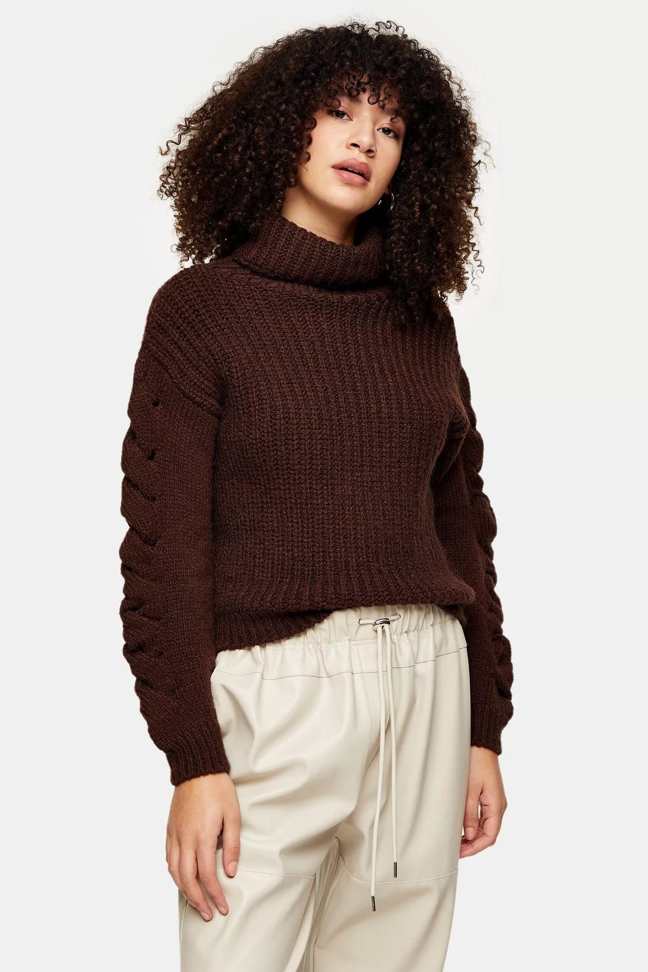 + Brown Roll Neck Cable Sleeve Knitted Jumper
