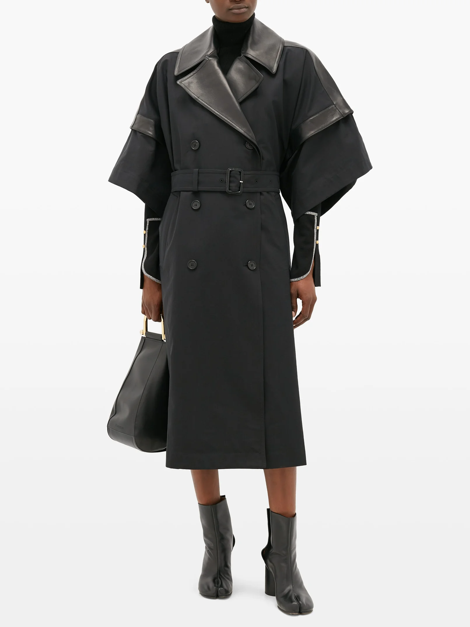 JW Anderson + Double-Breasted Leather-Panelled Cotton Coat