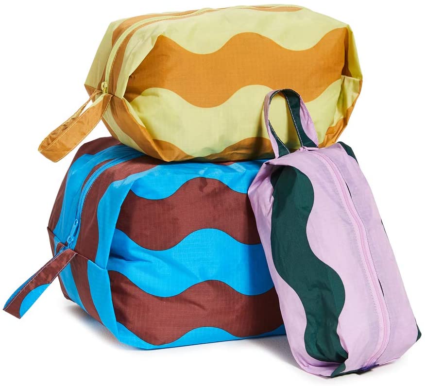 BAGGU 3D Zip Set Afternoon Stripes Expandable Nylon Zip Pouch 3 Pack For Travel And Organization 