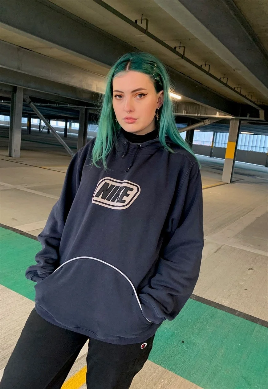 Nike 90s Navy Embroidered Spellout Hoodie