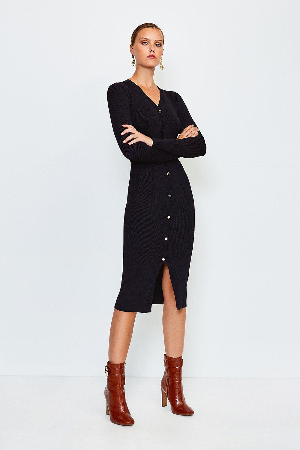 Karen Millen + Button Detail Knitted Rib Dress