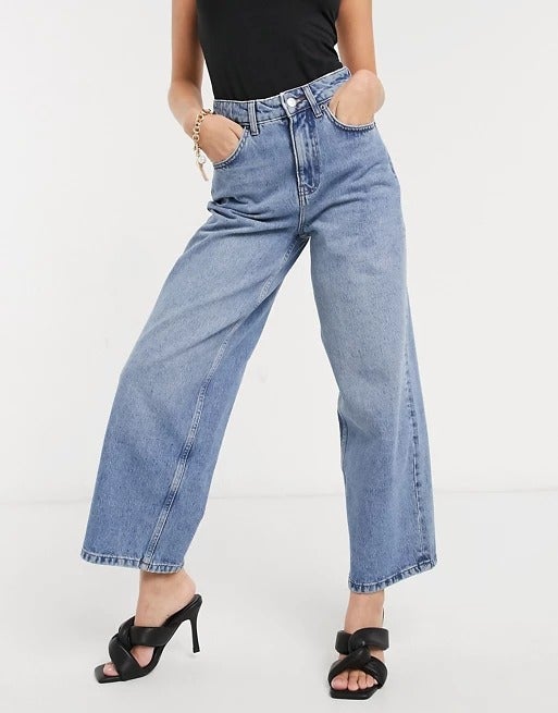 ASOS DESIGN + Petite recycled high rise ‘relaxed’ dad jeans brightwash