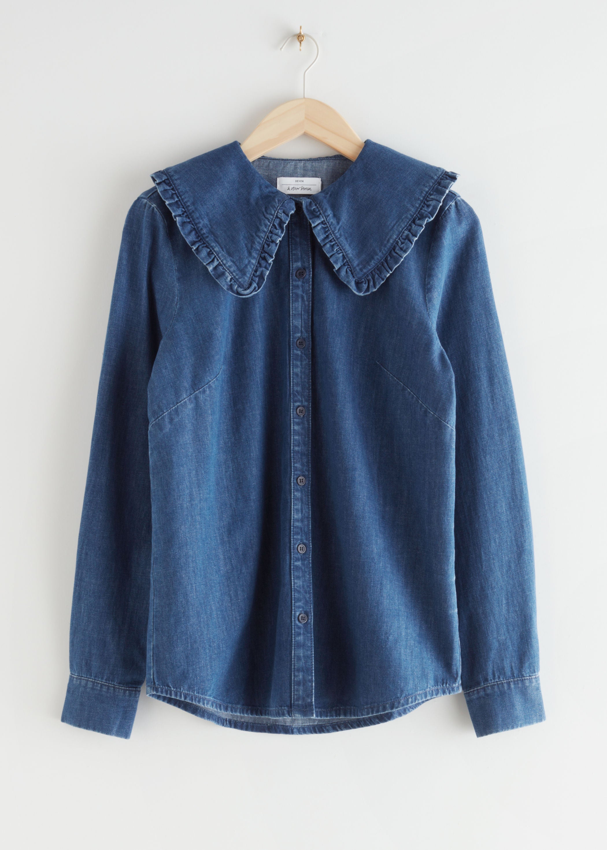 & Other Stories + Ruffled Collar Cotton Denim Shirt