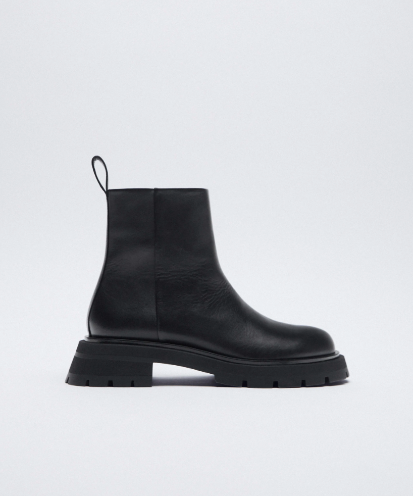 Zara + Low Heeled Lug Sole Leather Ankle Boots