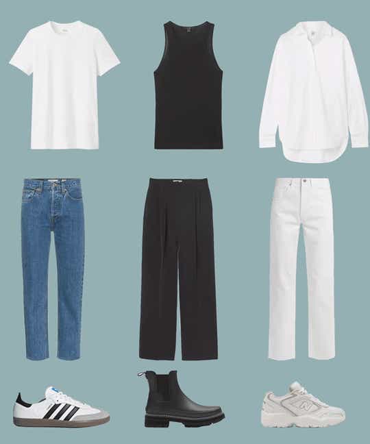 Capsule wardrobe tops, bottoms and shoes in a line moving across a blue grey background