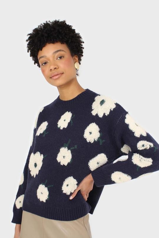 Glassworks London + Navy And White Floral Crew Neck Jumper