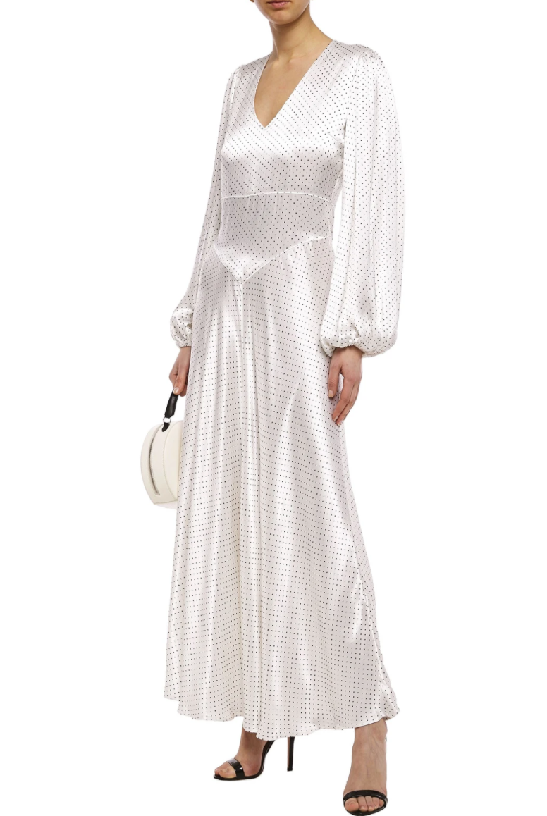 Ganni Cameron gathered polka dot satin maxi dress