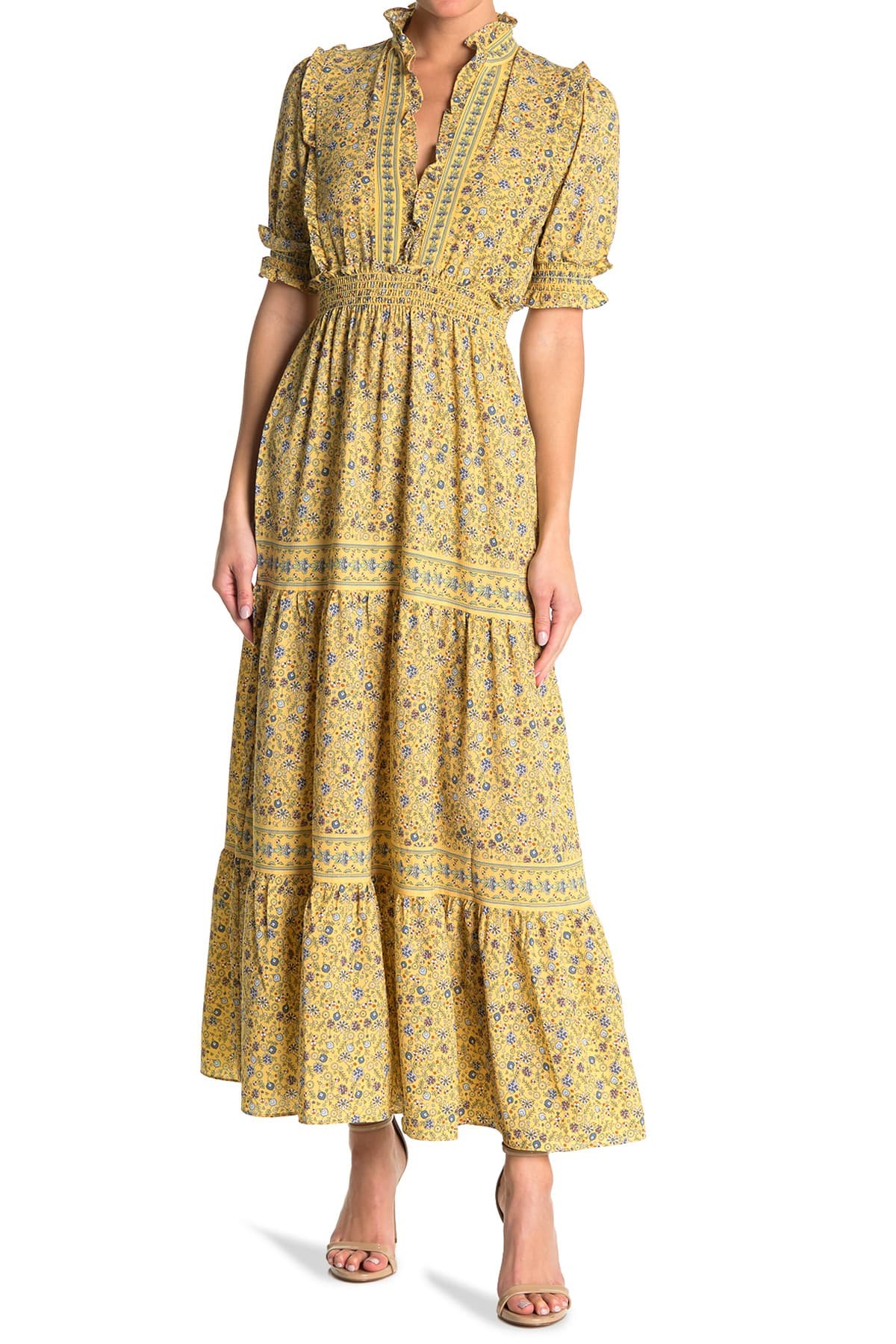 Max Studio + Elbow Length Sleeve Print Tiered Maxi Dress