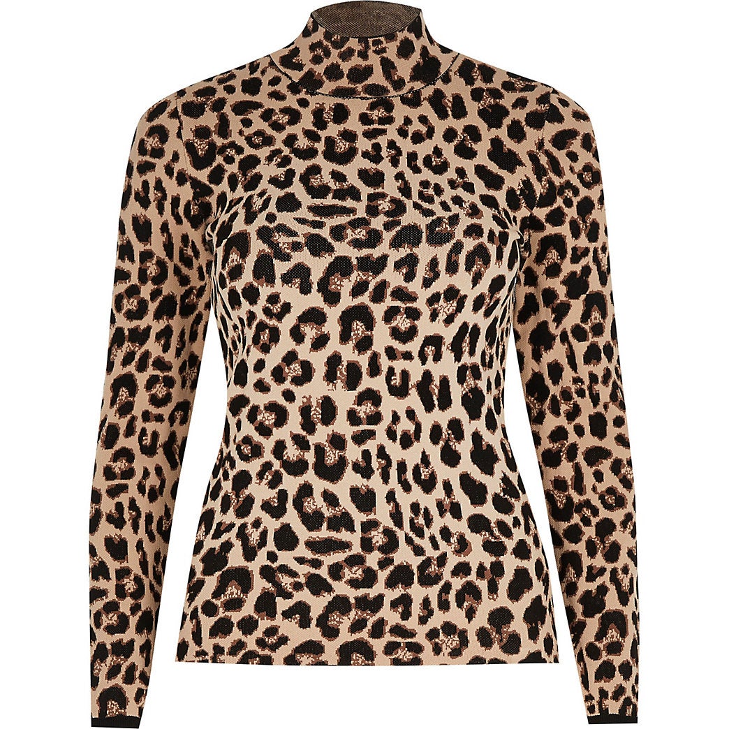 River Island + Long Sleeve Leopard Print Fitted Top