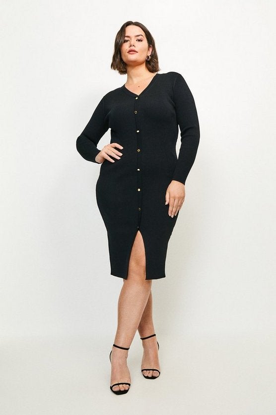 Karen Millen Curve + Button Detail Knitted Rib Dress