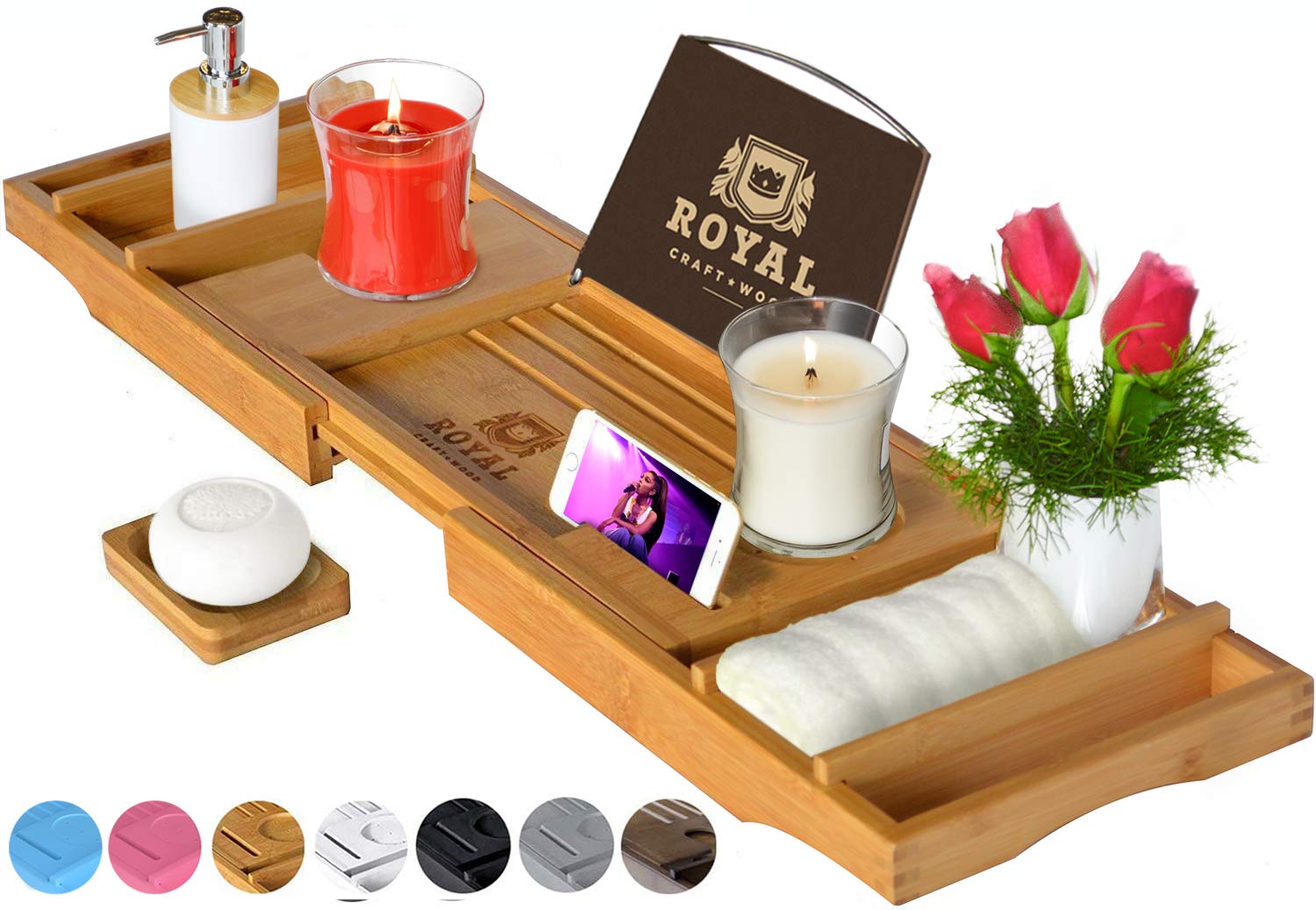 FREE Soap Holder ROYAL CRAFT WOOD Luxury Bamboo Bathtub Caddy Tray BROWN 