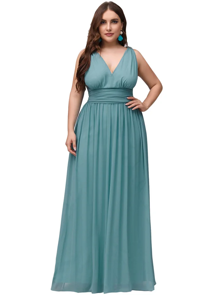 Model wears a formal blue chiffon dress?