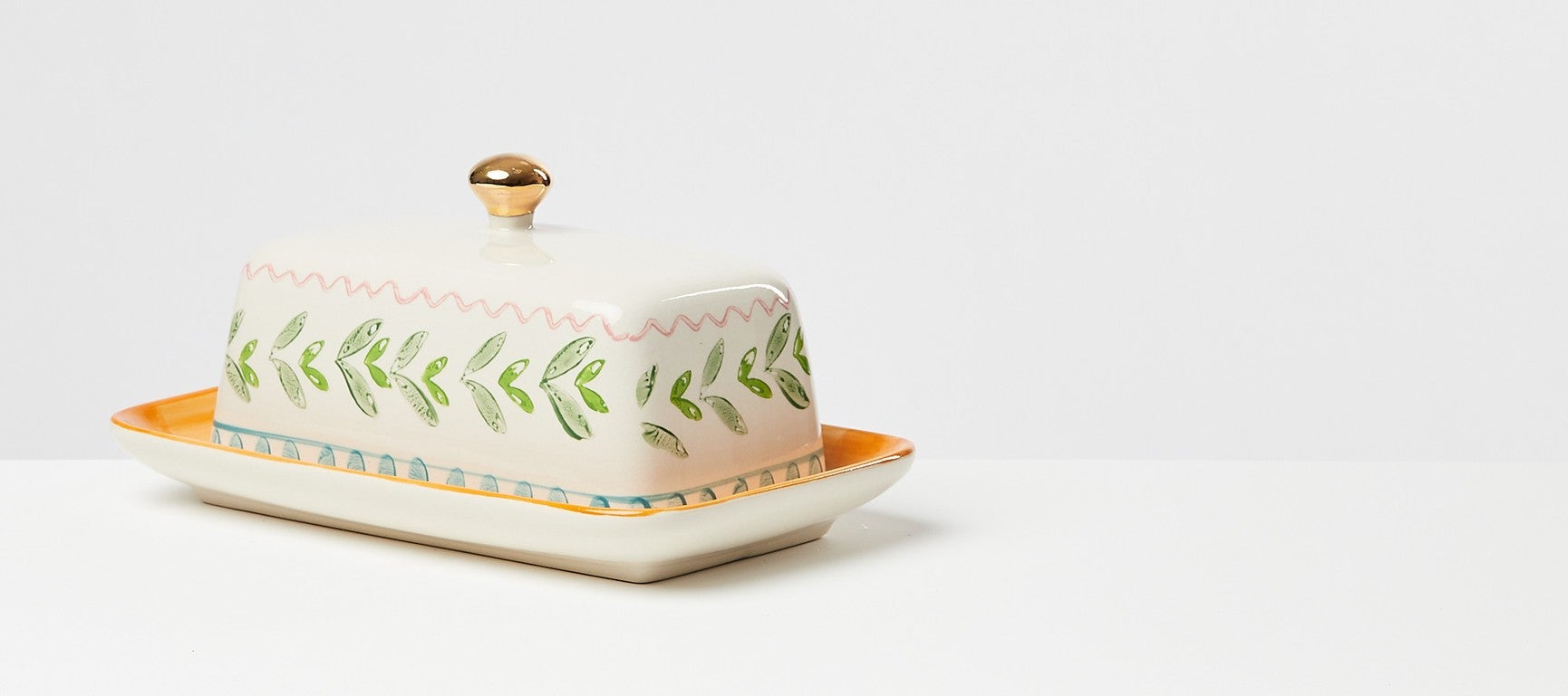 Oliver Bonas + Fiori Green Leaf Ceramic Butter Dish