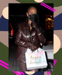 Rihanna in NYC wearing a brown, monochrome outfit at her mom's birthday party.