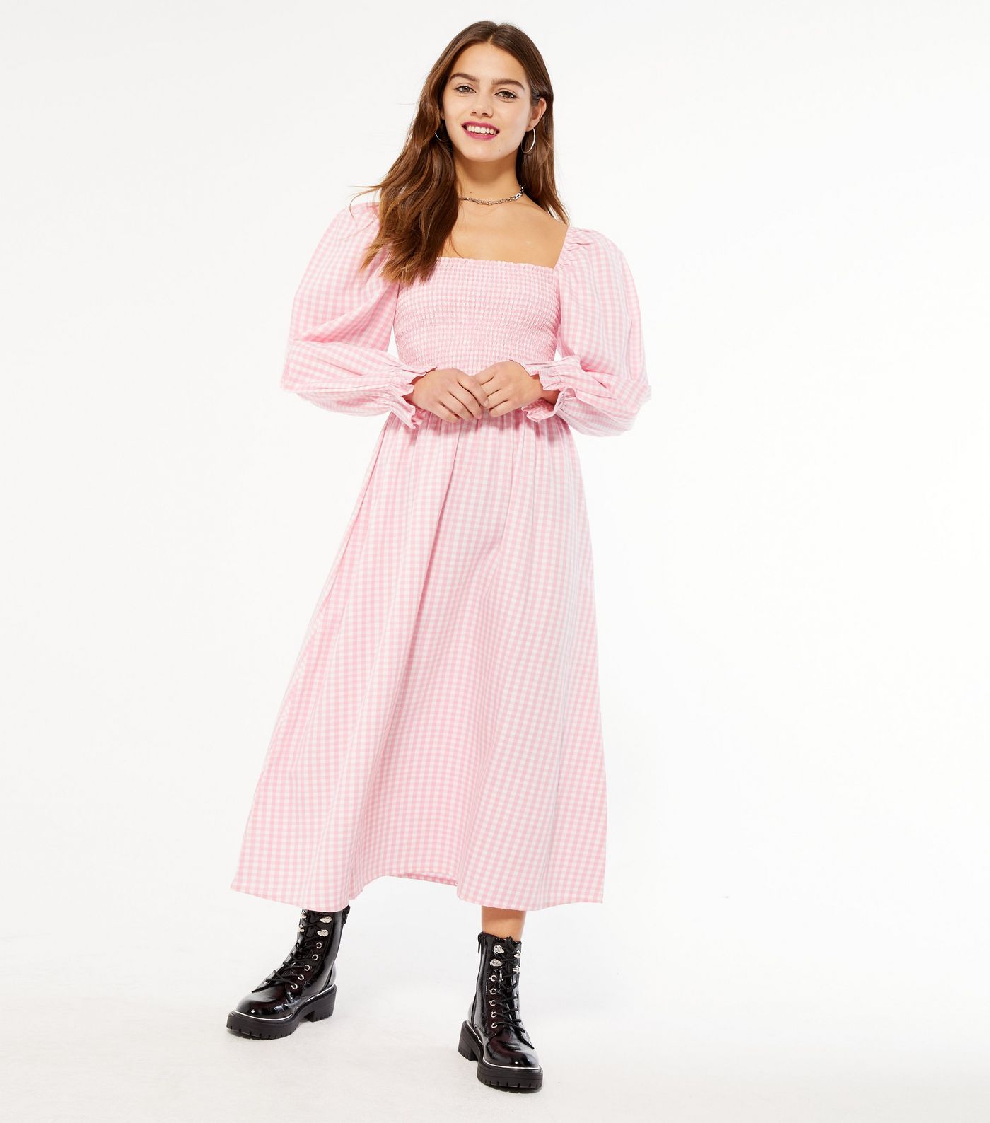 New Look + Petite Pink Gingham Shirred Puff Sleeve Midi Dress