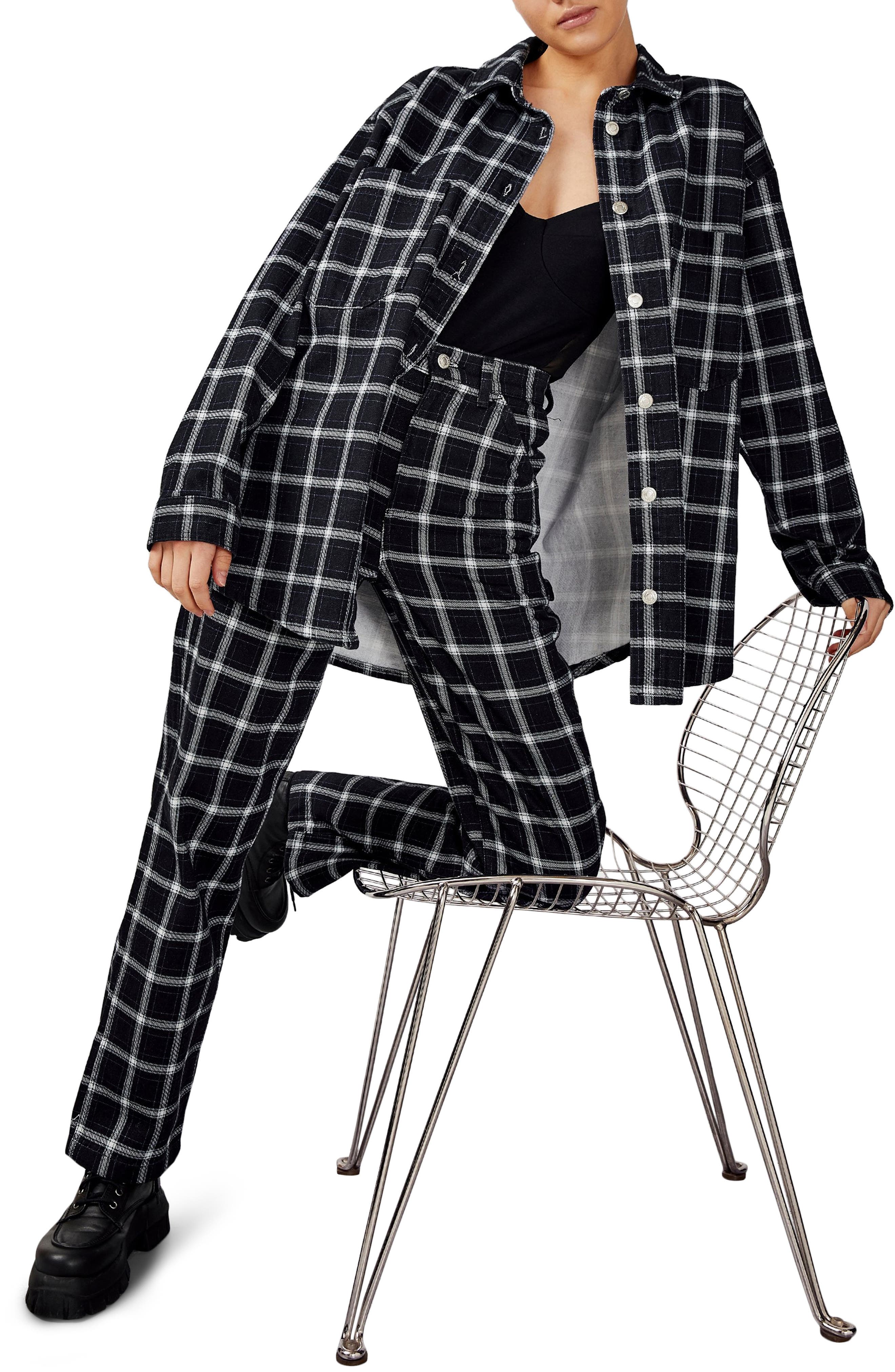 topshop reversible check oversized denim jacket in indigo